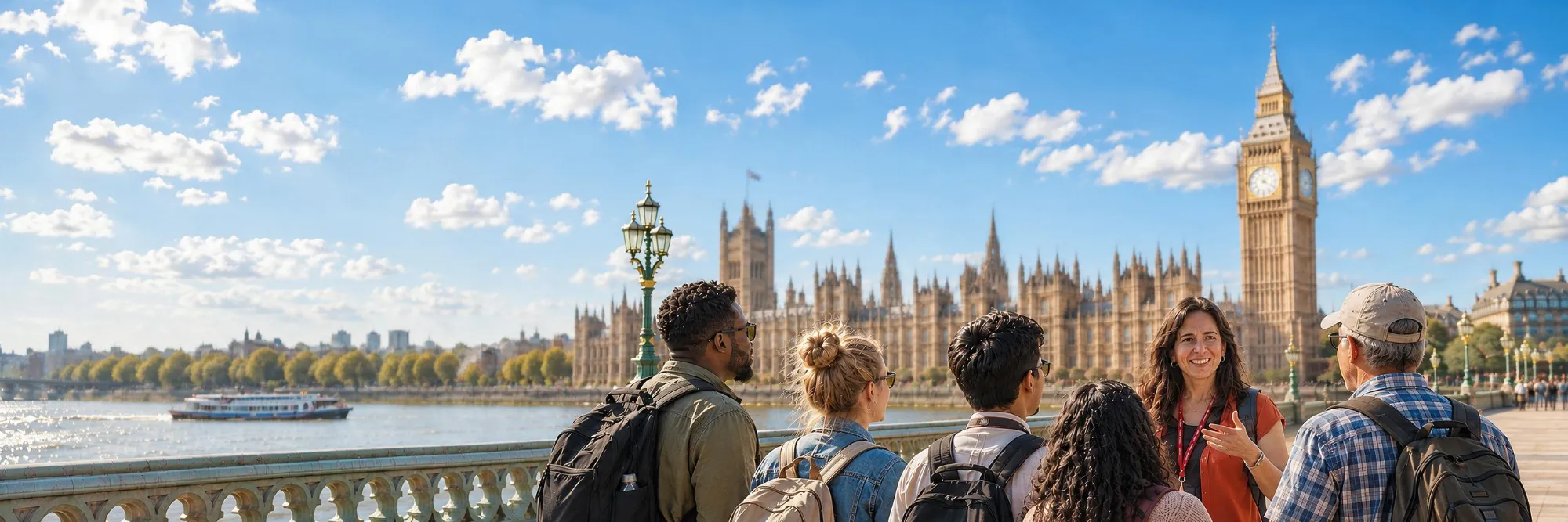 Guía Belén enseñando el Big Ben y el Parlamento a un grupo de viajeros en un Free Tour de Tour Londres